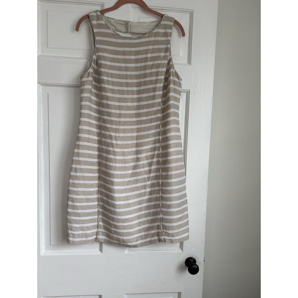 Banana Republic Linen Blend Striped Shift Dress Tan White Cutout Back‎ Size 10